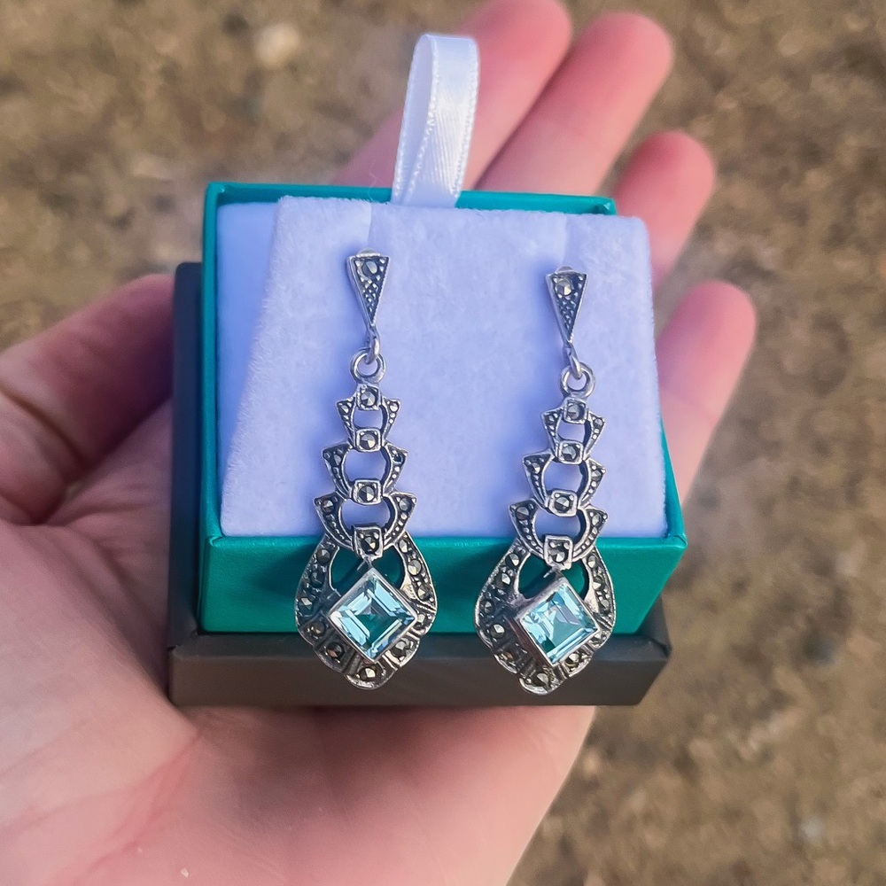 Estate Vintage Sterling Silver Blue Topaz Dangle Drop Earrings